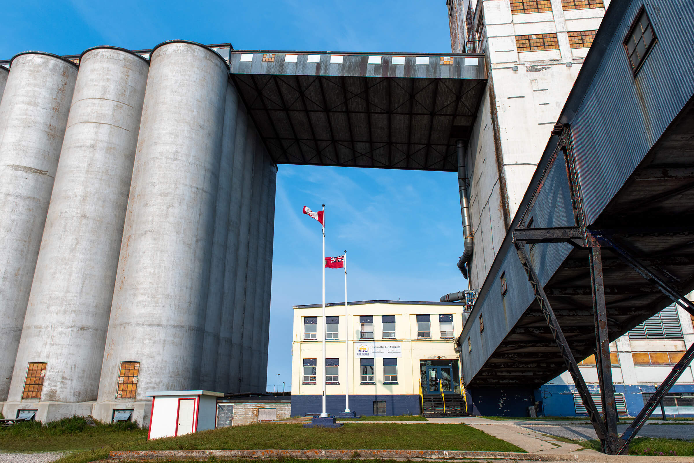 Large buildings tower above.