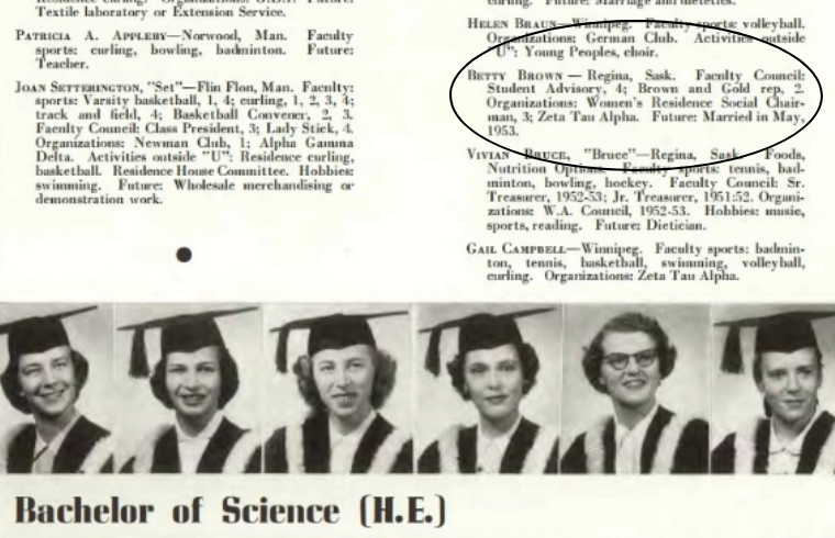 Bette Brown (spelled Betty in the archive photo) graduated with a degree in Home Economics from UM in 1953