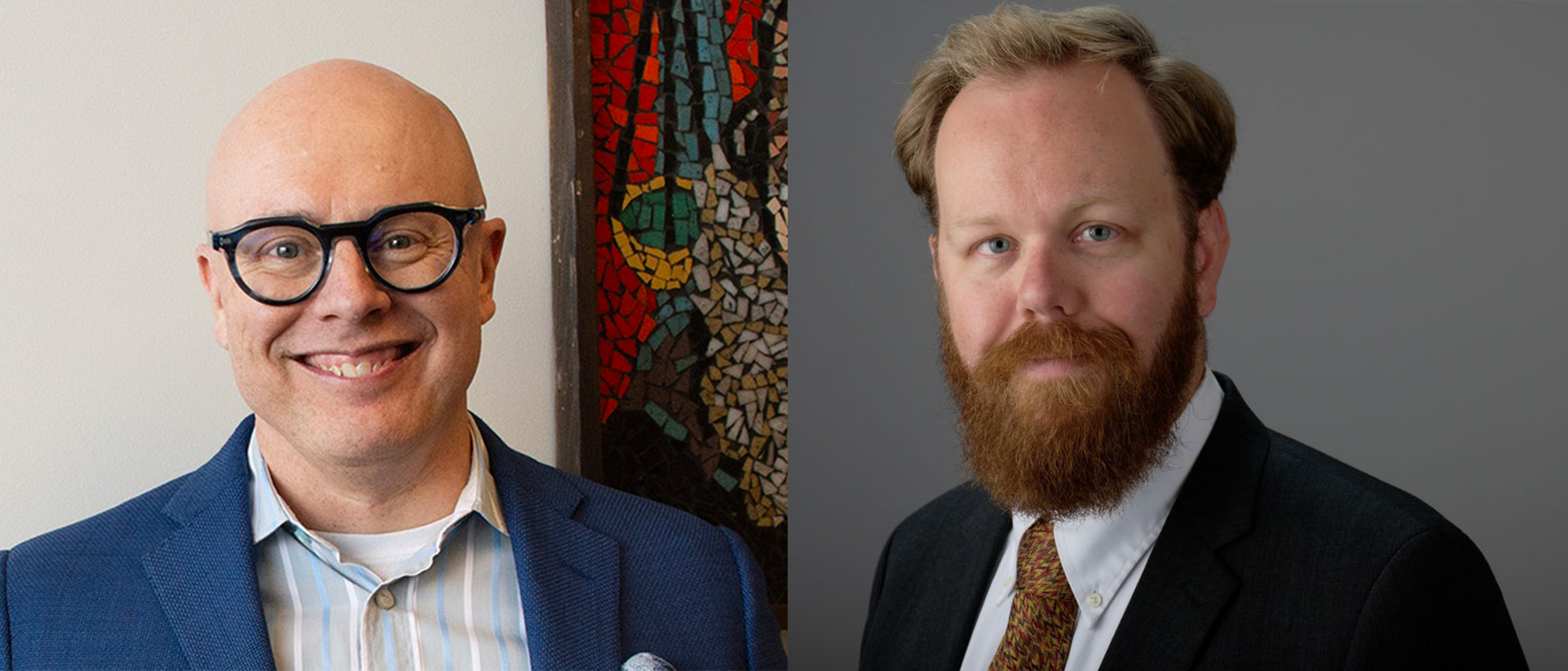 two headshots side by side one of a bald man in a blue suit jacket and one of a bearded ginger wearing a black jacket