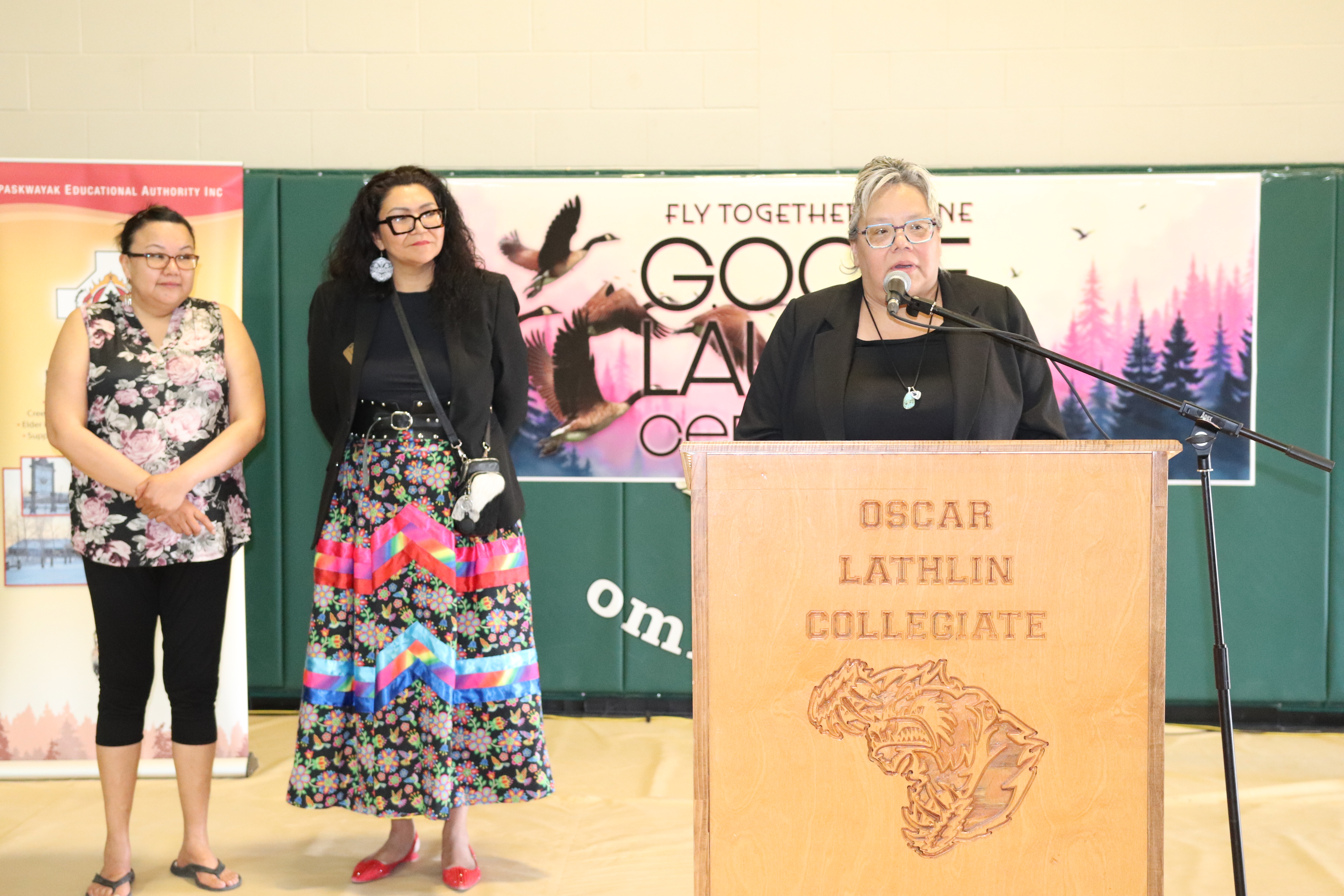 St. Theresa Point educator Stephanie Wood speaks at the GOOSE launch ceremony, along with Tricia Manoakeesick and Margaret Hart.