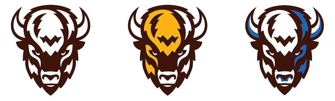 A banner of three 2025 Bisons logos with each one isolating a colour, brown, gold and blue