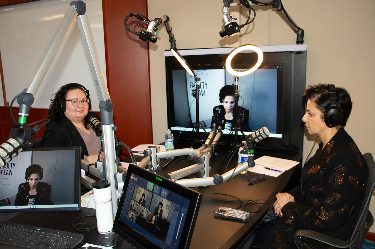 Manitoba lawyer Stacey Soldier records an episode of the Robson Radio podcast with Marie Henein. Photo by Christine Mazur.