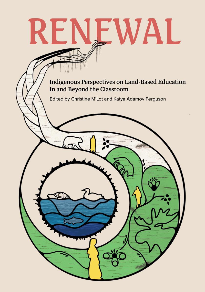 The book cover for Renewal, featuring indigenous designed artwork highlighting land and water in a circle