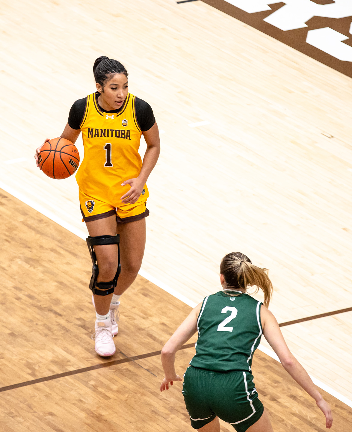 Samathna Onyebuhi dribbles the ball during a game against Saskatchewan.