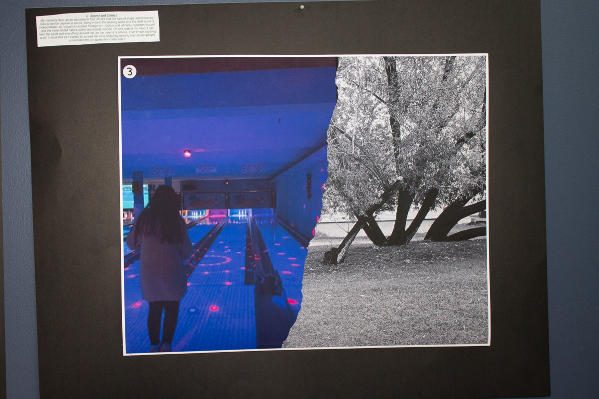 Split image: one side in colour with a bowling lane, the other side in black and white featuring a tree.