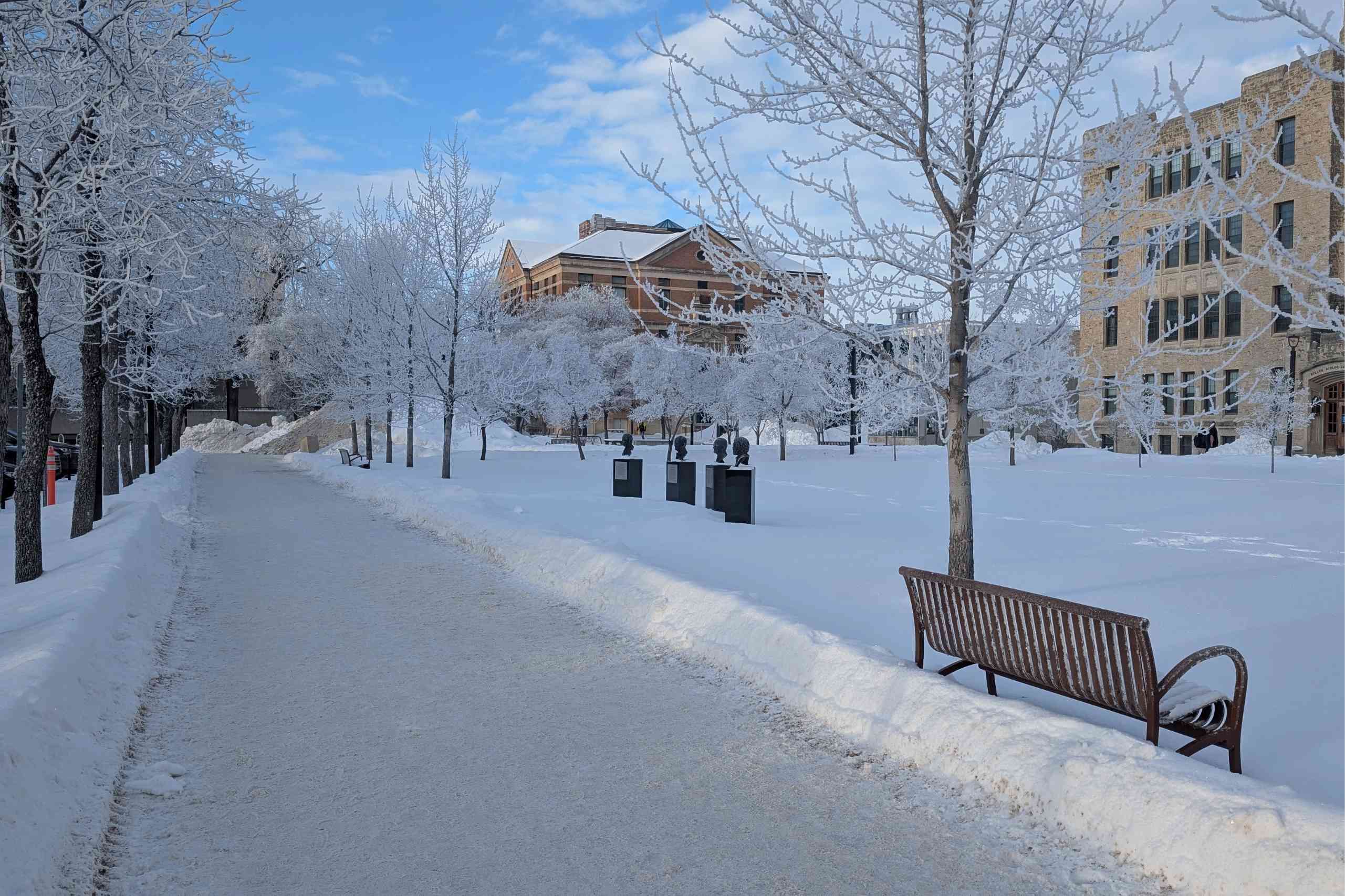 Winter scene at Fort Garry campus.