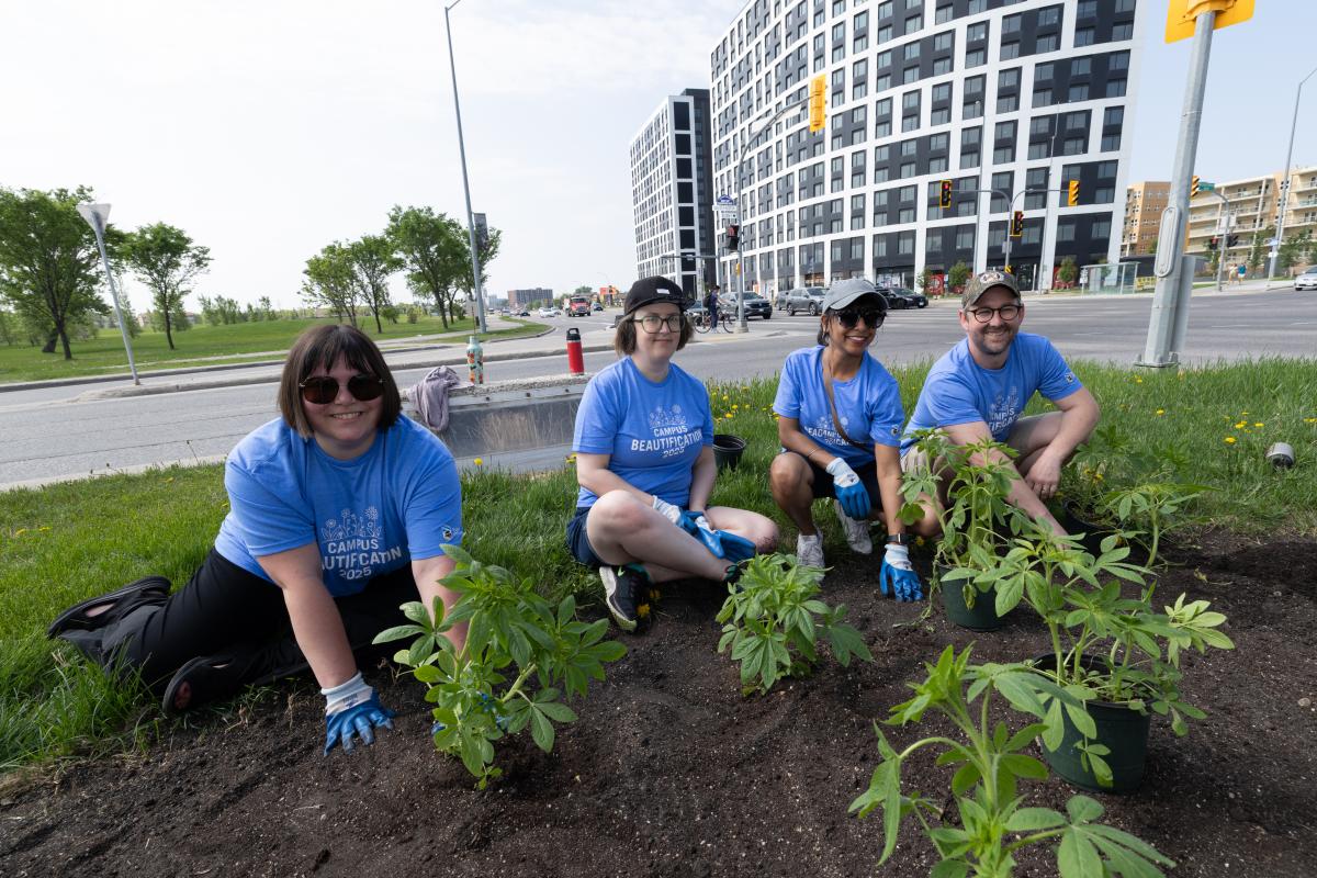 Four people planting flowers at the Fort Garry campus.