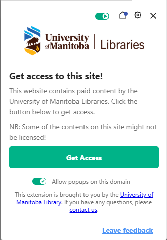 Screenshot of the Lean Library extension pop-up 'Get access to this site' with green 'Get access' button at the bottom
