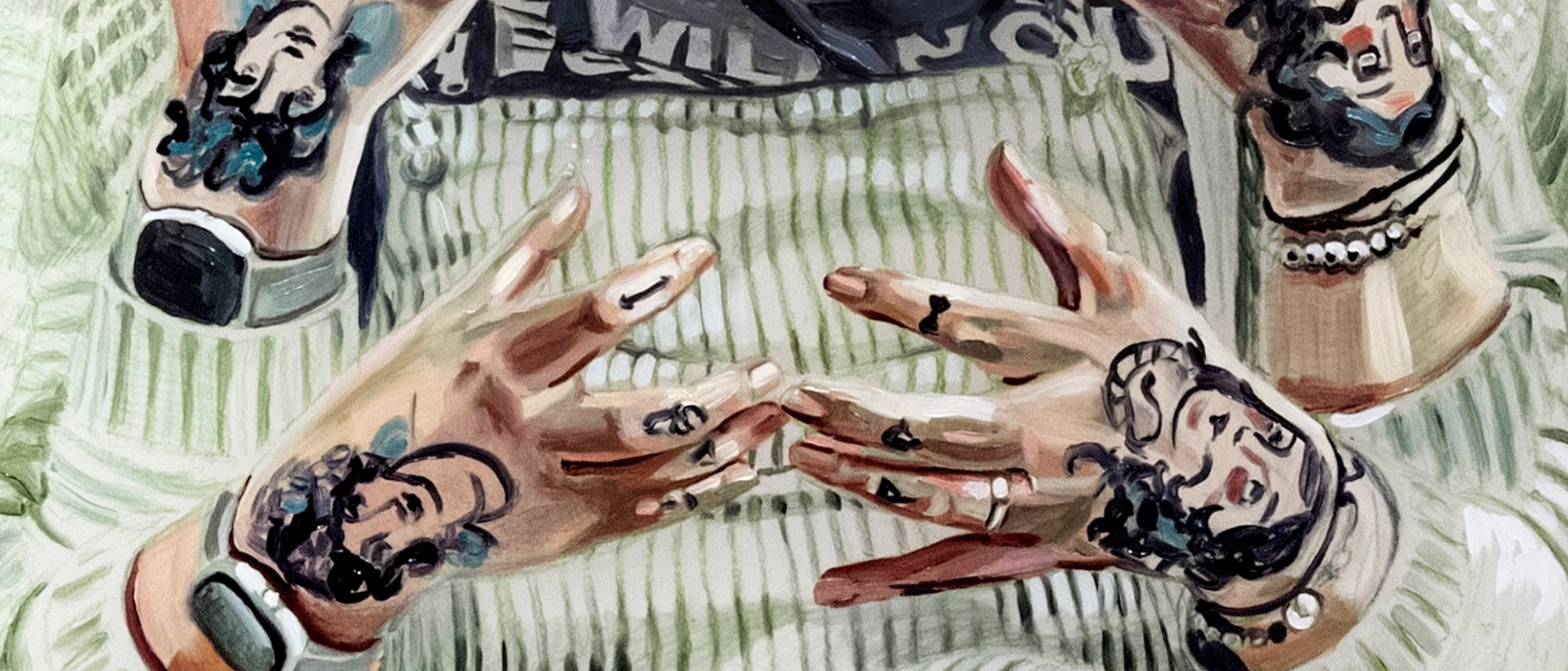 Painted close-up of multiple overlapping hands, each wrist marked with a small portrait face; the hands gesture toward one another over a pale green patterned background.