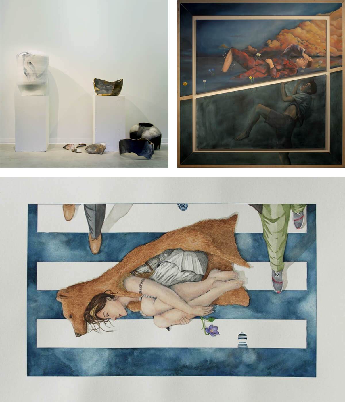 A grid of three images of artworks of Joel Nichols, including a collection of ceramics as well as paintings