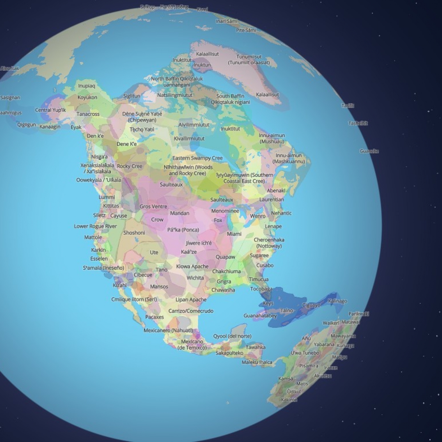 Screenshot of a map of Earth with various Indigenous languages and territories marked on it