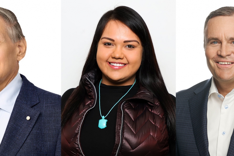 a composite of three headshots in a row. A man in a suit and white dress shirt, a young woman in a leather vest, black shirt, and a man in suit jacket and tie