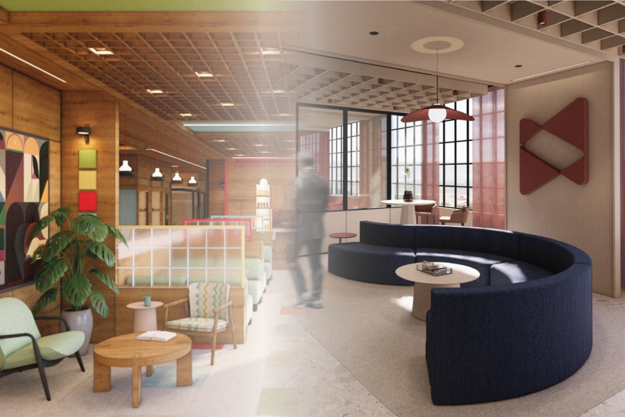 Modern office lounge divided into two parts, one inside is cozy looking and the other an more modern look