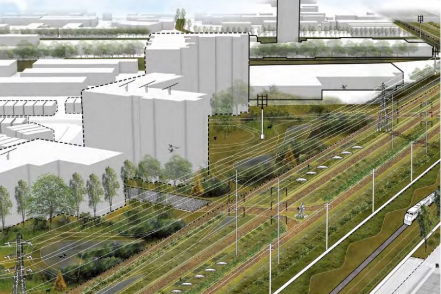 Rendering of transformed infrastructure corridor in Winnipeg.