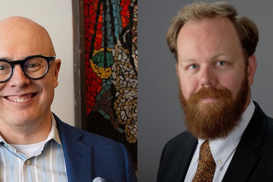 two headshots side by side one of a bald man in a blue suit jacket and one of a bearded ginger wearing a black jacket