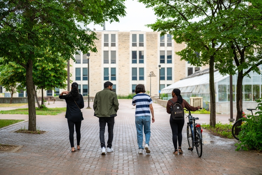 Four students walk towards Allen Building under the tree canopy.