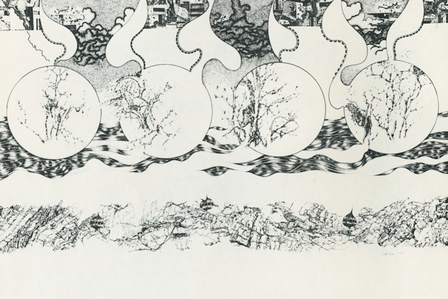 Black-and-white ink drawing by Charlotte Werner featuring circular frames with delicate tree forms.