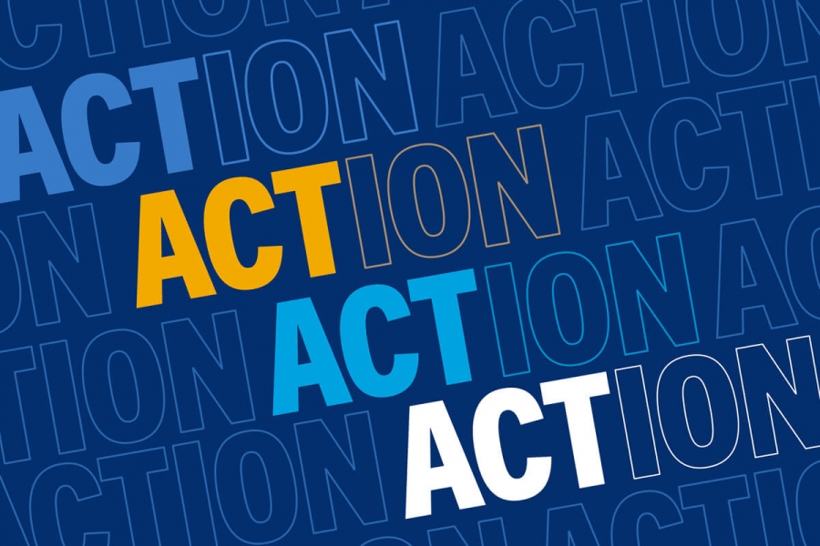 The word "Action" is repeated on a blue background.