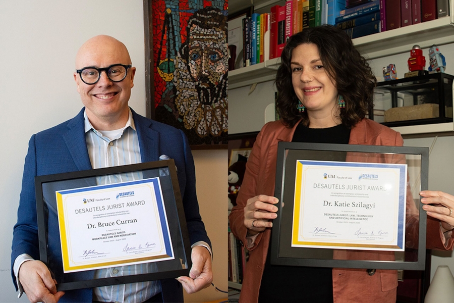 a combined photo of Dr Bruce Curran and Dr Katie Szilagyi each holding an award in a picture frame and smiling 