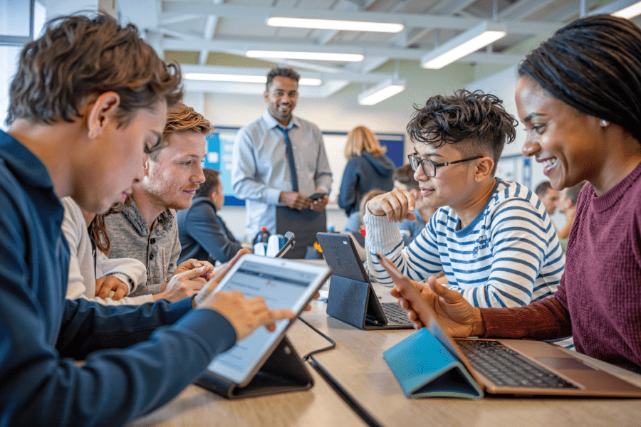 Students working at a table on electronic tablets