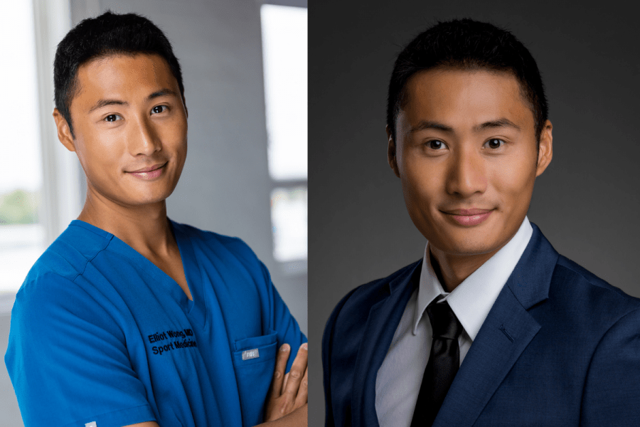 Dr Elliot Wong shown in his doctor clothing and business attire