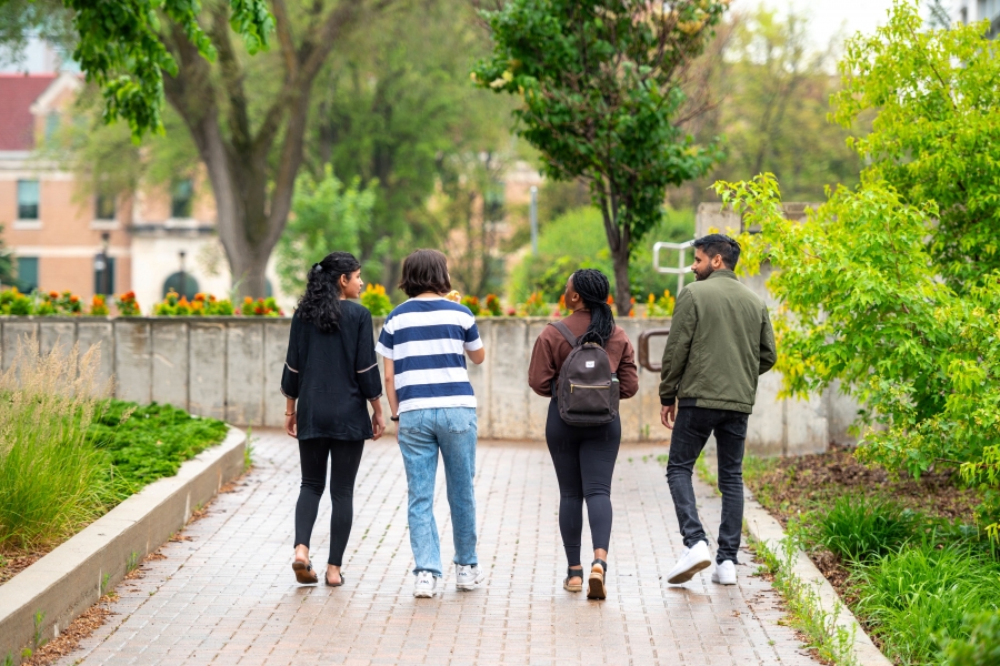 Group of students walking beside garden beds