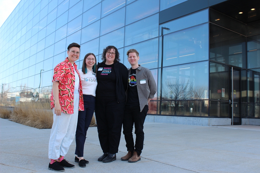 Graduate nursing students Jess Crawford, Ashley Bell, Adam Brandt and Jennie MacMillan Gomez outside the Smartpark Innovation Hub at Fort Garry campus.