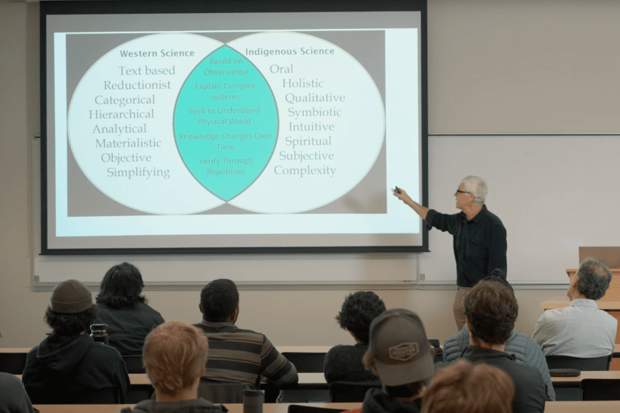 An instructor in a classroom pointing at projected image