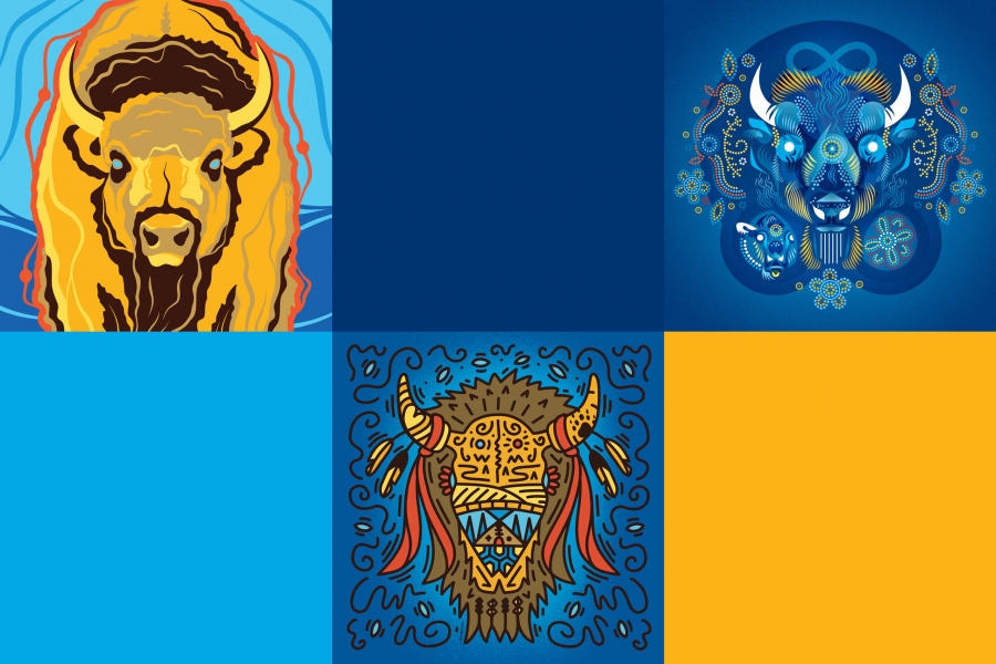 Three Indigenous-designed bison illustrations and three squares.