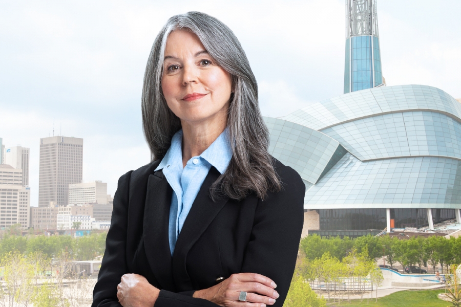 Connie Walker against a background of the Winnipeg skyline