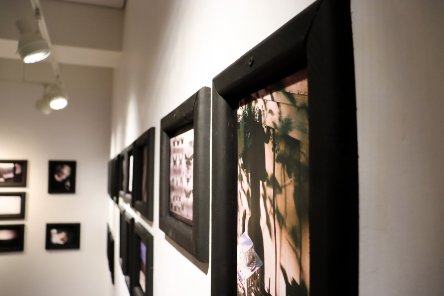 Angled view down a gallery wall showing a row of framed photographs.