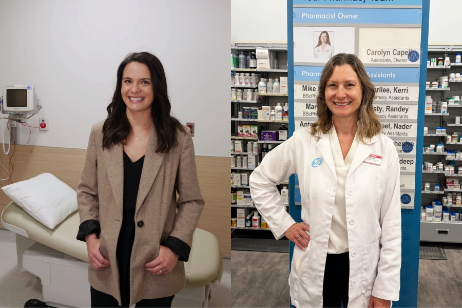 Side by side photos, on the left is a hospital pharmacist in a clinic setup with bed in the background, on the right is a pharmacist in a drugstore.