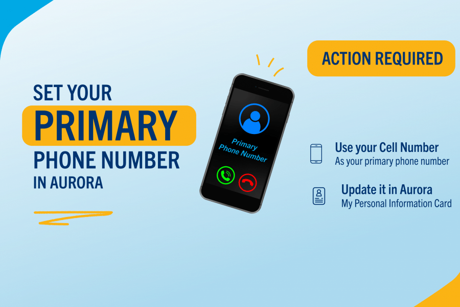 Graphic instructing students to select a primary phone number. Image of a cellphone against a light blue background.