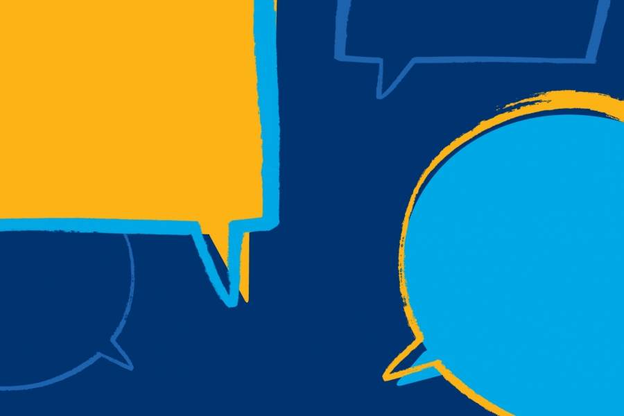 Speech bubbles of various shapes and colours.