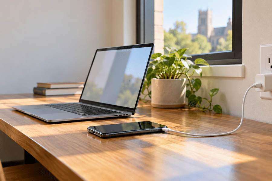 desktop minimal with laptop charging one phone