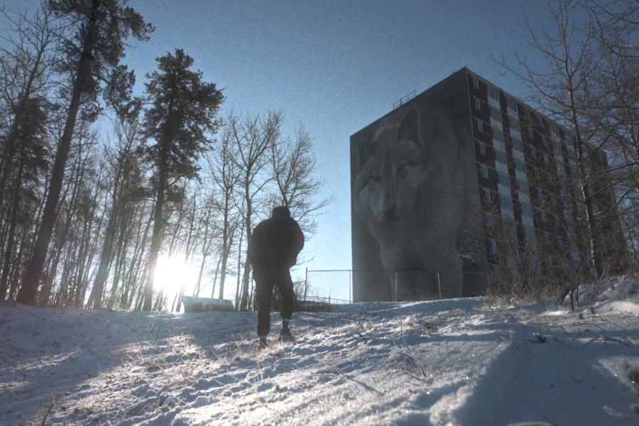 A person walks up a snowy slope towards a building painted with a mural of a wolf painted by wildlife painter Robert Bateman.