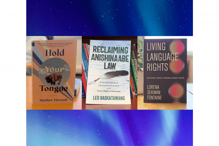 Collage of three book covers over background of northern lights.