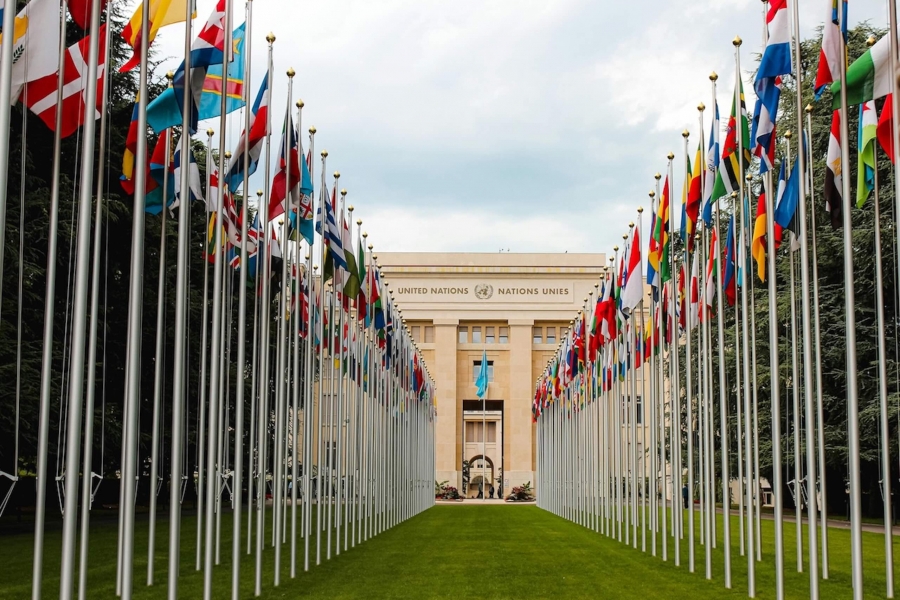 Flags line the walk in front of the United Nations Office in Geneva, Switzerland.