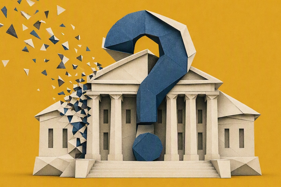 Folded paper illustration of a university building with a large question mark in front.