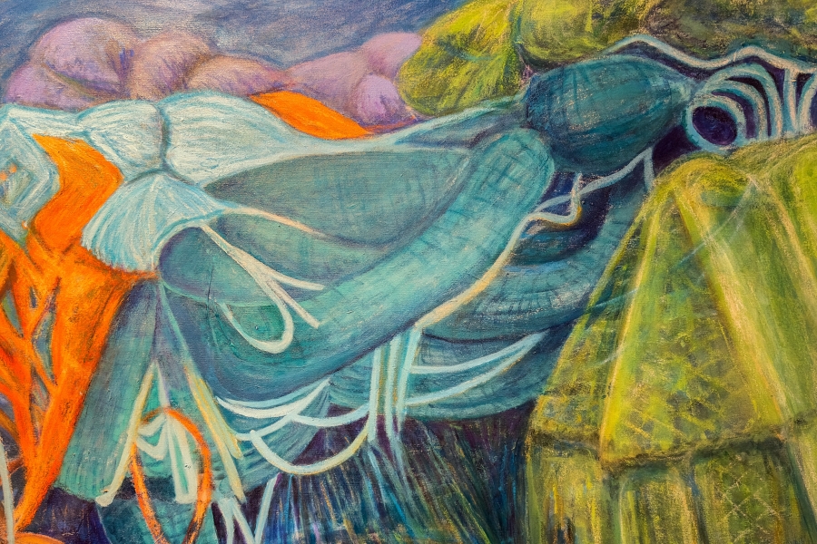 Abstract chalk pastel landscape with layered rock-like forms and flowing teal shapes intertwined with bright orange root-like lines beneath a moody blue sky.