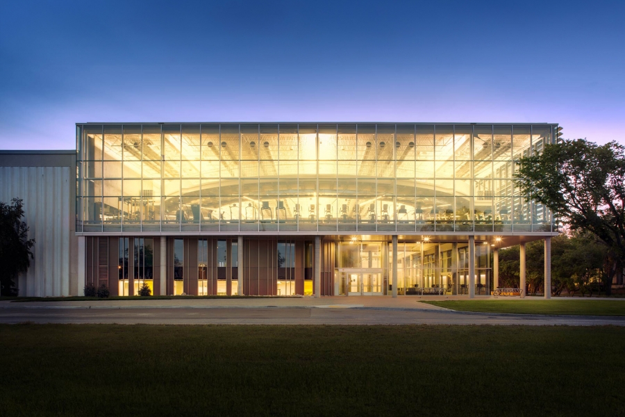 The front of the Active Living Centre lit up at night