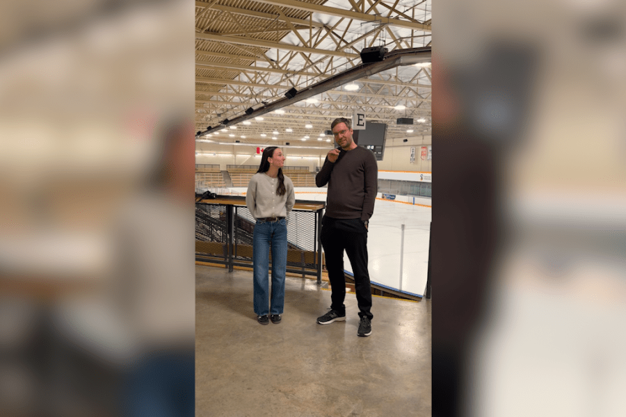 Dr. Ben Schellenberg talks with Kendall Jenner during an interview in an ice rink
