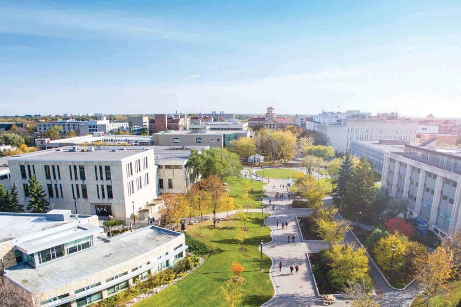 Aerial photo of Fort Garry campus along the Curry Pedway.