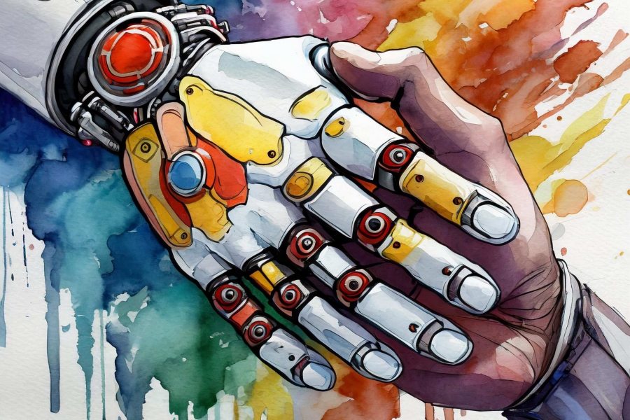 AI generated graphic of robot and human handshake.