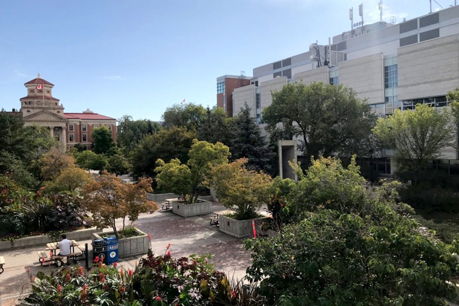 The pedway on the Fort Garry campus with a view of the EITC and the Administration Building.