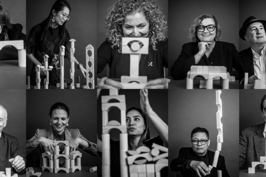Black-and-white collage of 14 people creatively building structures with wooden blocks