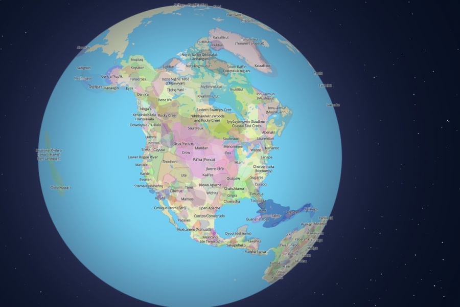 Screenshot of a map of Earth with various Indigenous languages and territories marked on it