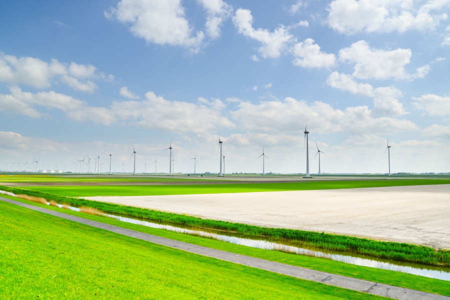 feild of triblade windmills on prairie feild