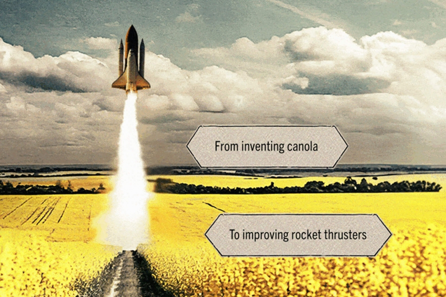 A rocket shoots into the air from a canola field with the phrase written From inventing canola to improving the rocket thruster