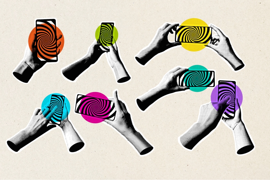 An illustration of multiple sets of hands holding smart phones with swirls on the screen